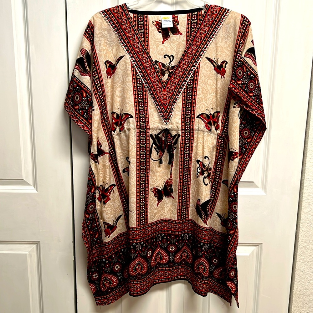 Rima Red Brown Butterfly Print square Beach Cover Up One Size